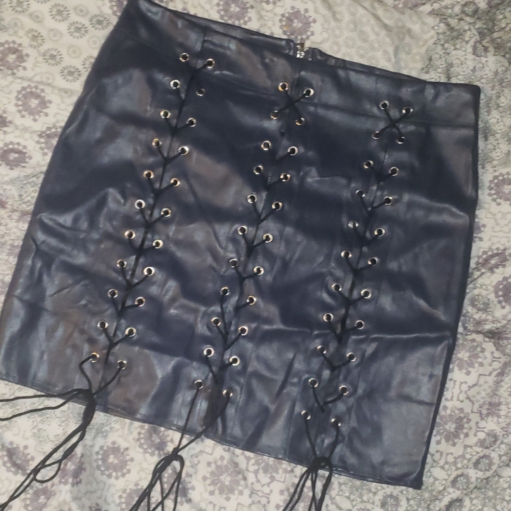 Large Lace Faux Leather Navy Blue Mini Skirt